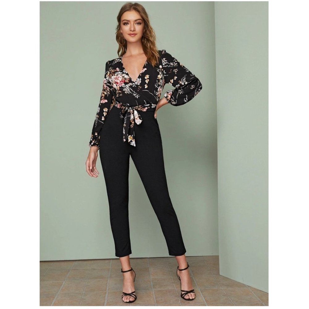 Surplice Neck Tie Waist Floral Jumpsuit